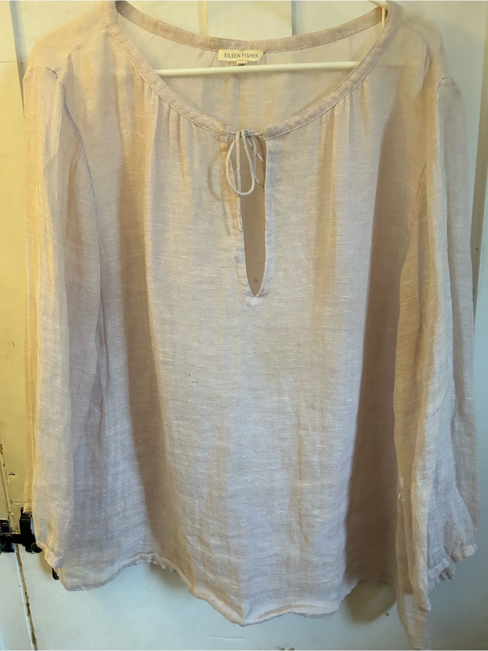 Eileen Fisher Tan Linen Tie-Neck Blouse